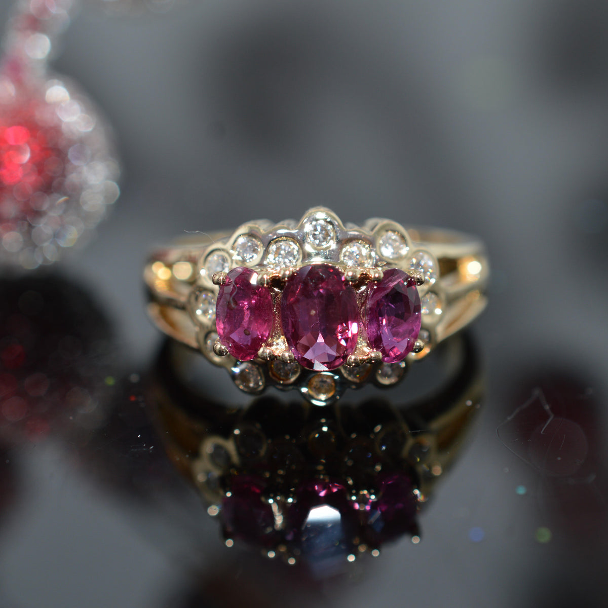 14K Yellow Gold 3 Oval Genuine Ruby & Diamond Ring