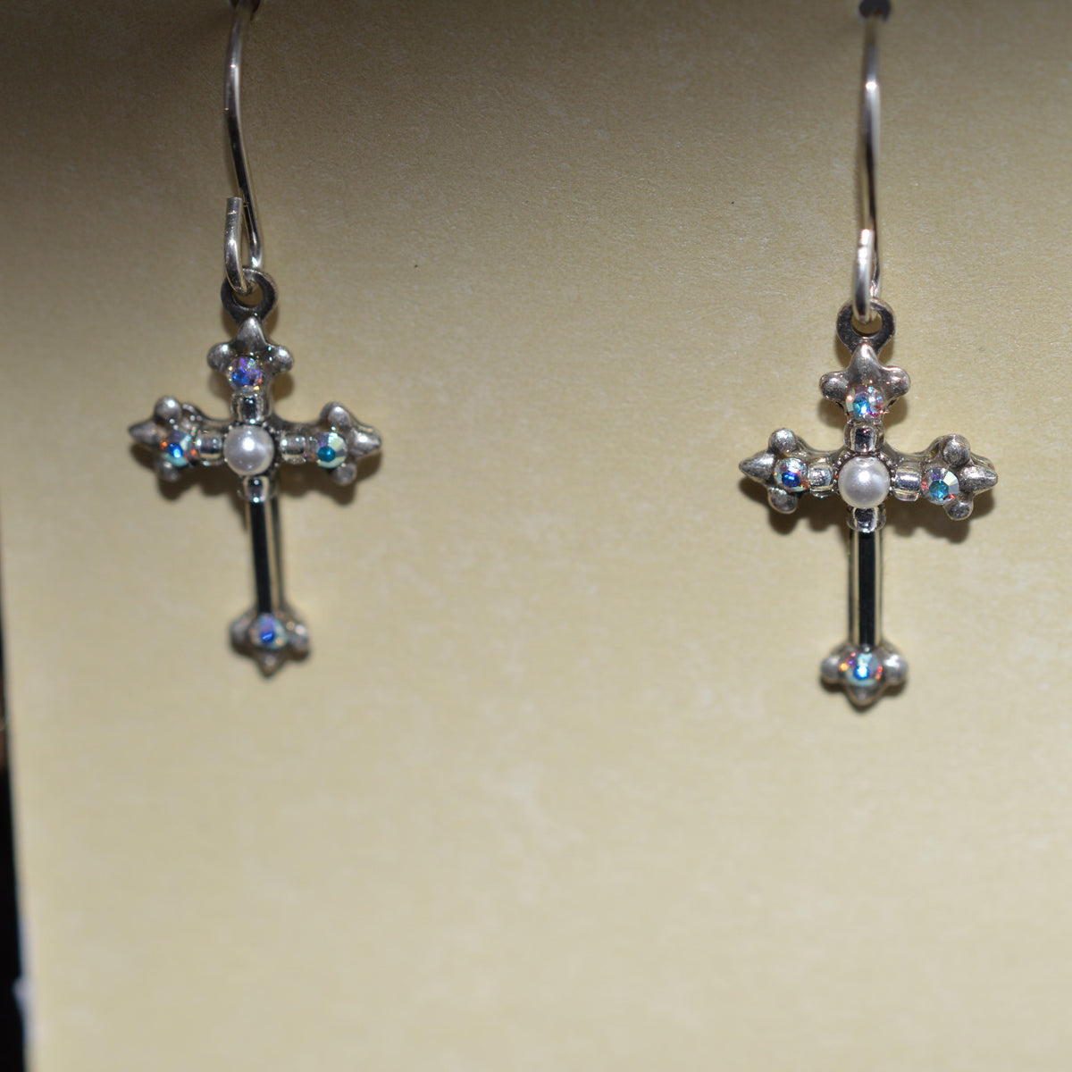 Antique Silver Plated Dainty Cross White/Pearl  Crystal Earrings by Firefly