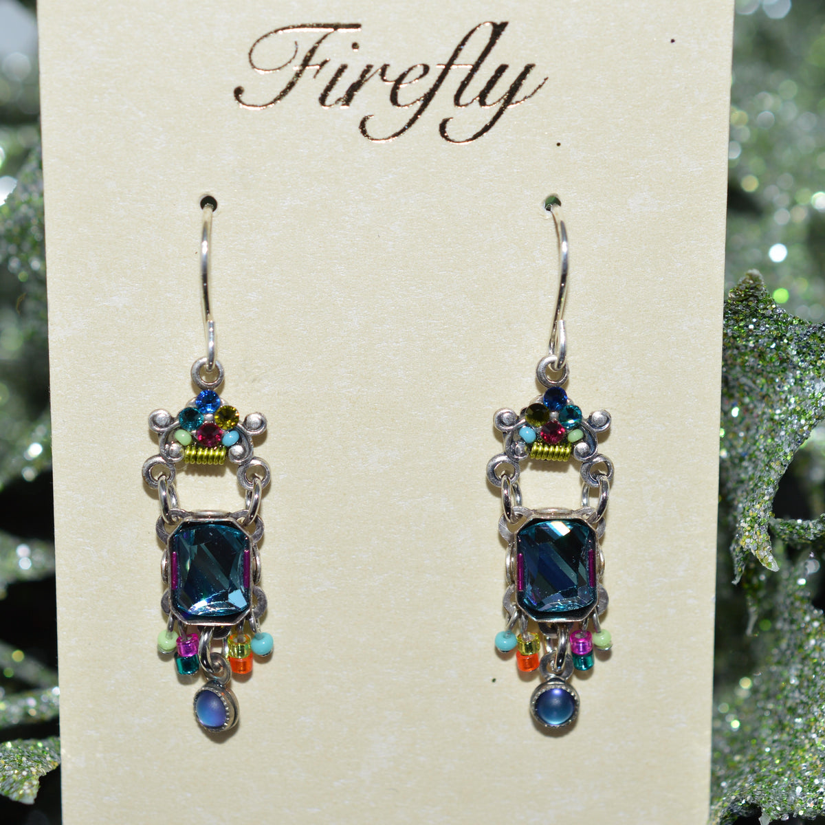 Antique Silver Plated Jasmine Mirror Multi-Color Crystal Dangle Earrings by Firefly