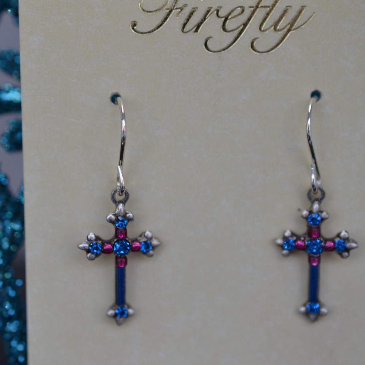 Antique Silver Plated Medium Bermuda Blue Crystal Cross Earrings by Firefly