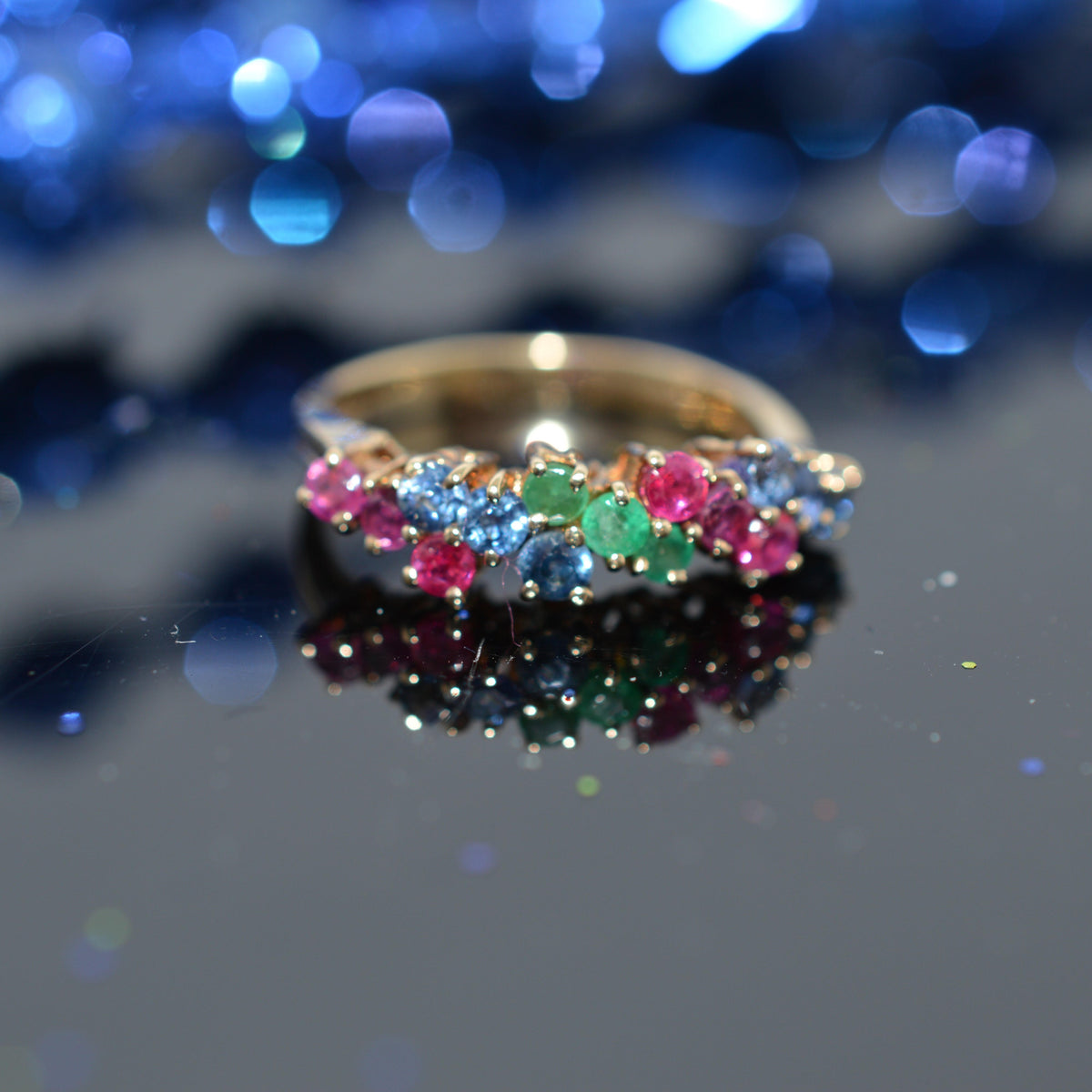 14K Yellow Gold Ruby, Sapphire, & Emerald Diagonal Row Ring