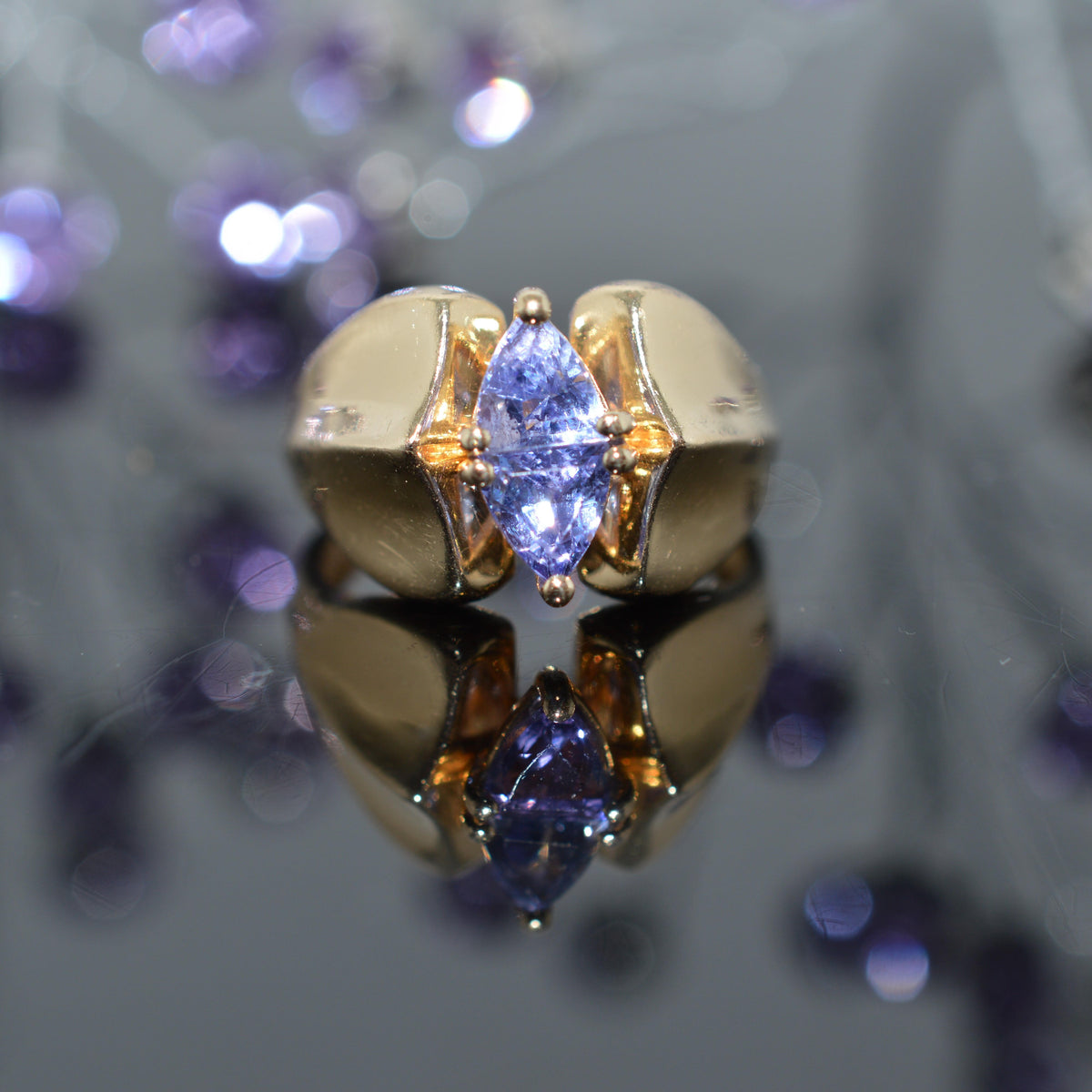 14K Yellow Gold Ring With 2 Trillion Cut Tanzanites