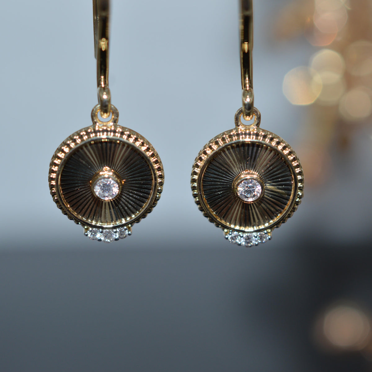 14K Yellow Gold Art Deco Style Round Sunburst Drop Earrings With Diamonds