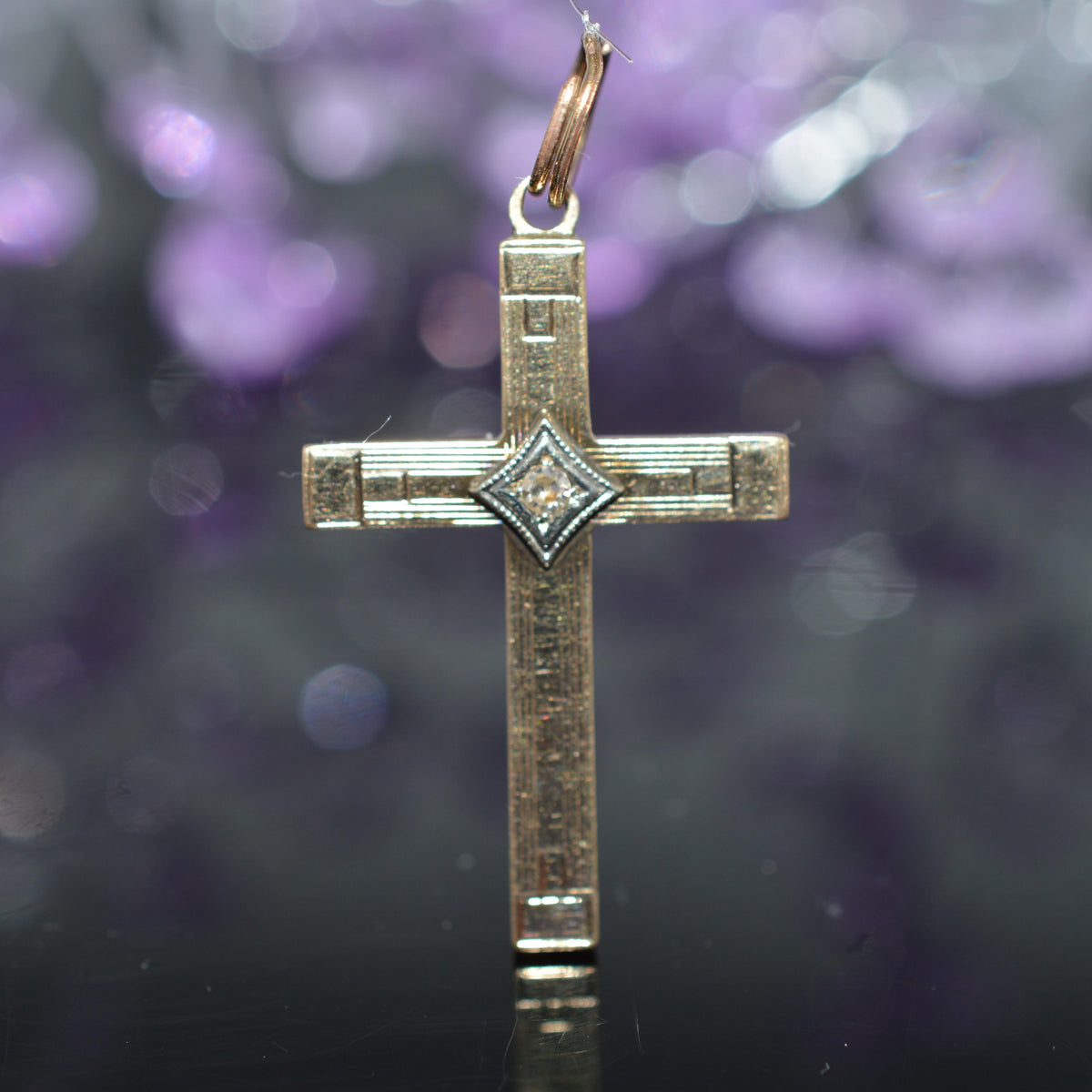 14K Yellow Gold Antique Cross Charm With Diamond