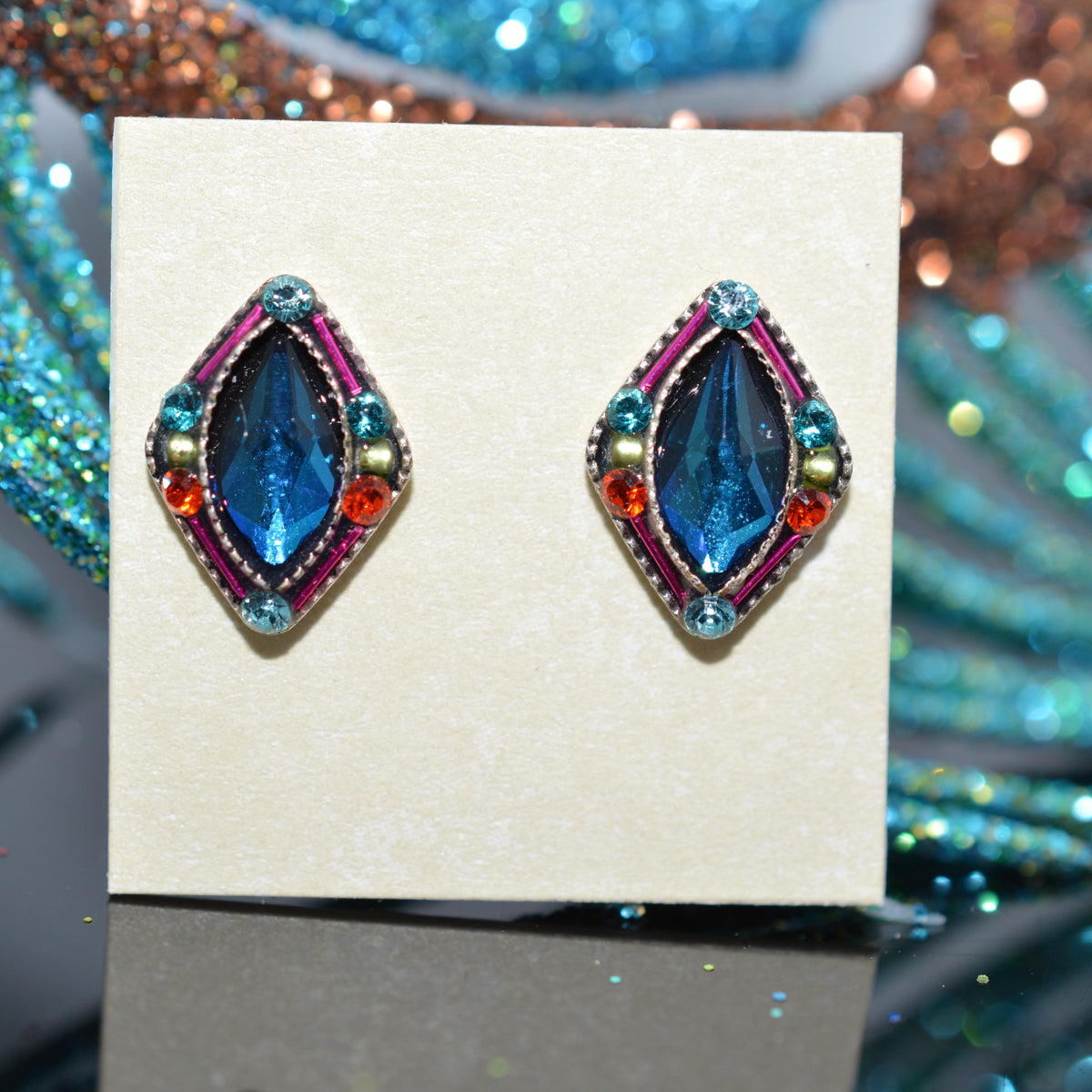 Antique Silver Plated Architectural Navette Stud Earrings With Multi-Color Crystals by Firefly
