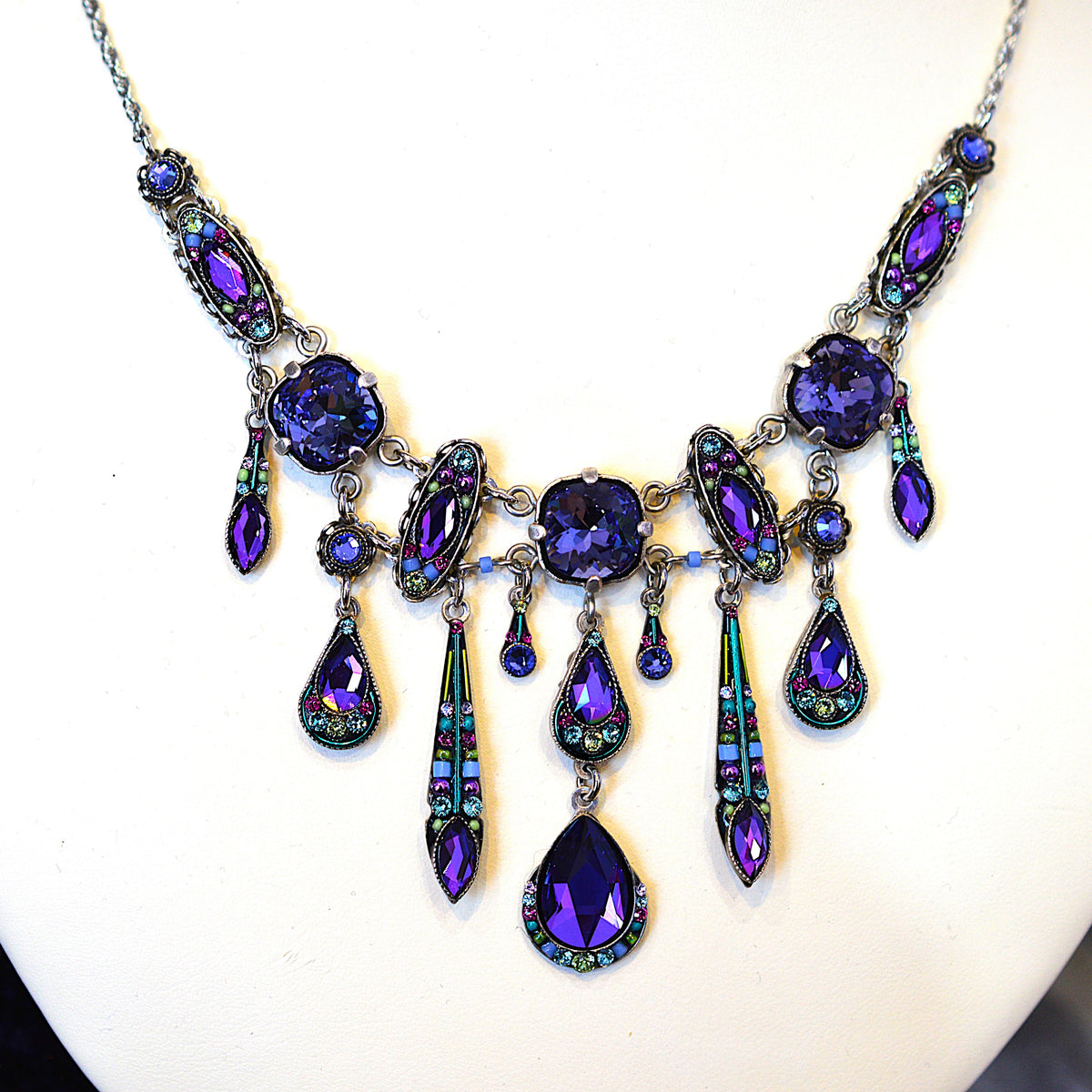 Antique Silver Plated Elaborate Carmel Necklace With Purple Crystals by Firefly