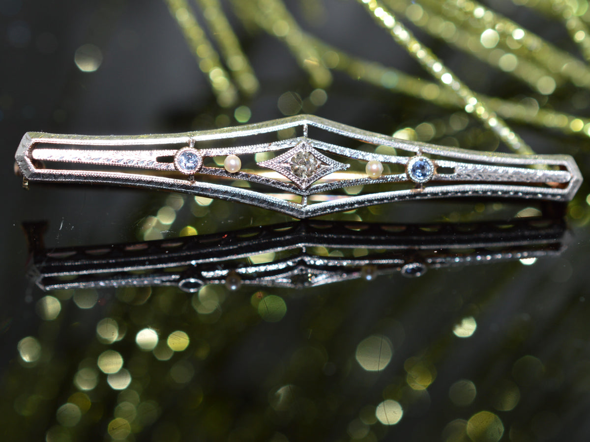Platinum Topped 14K Yellow Gold Antique Bar Pin With Old European Cut Diamond