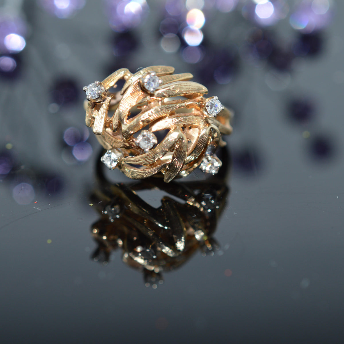 14K Yellow Gold Dome Ring With Scattering Of Round Diamonds