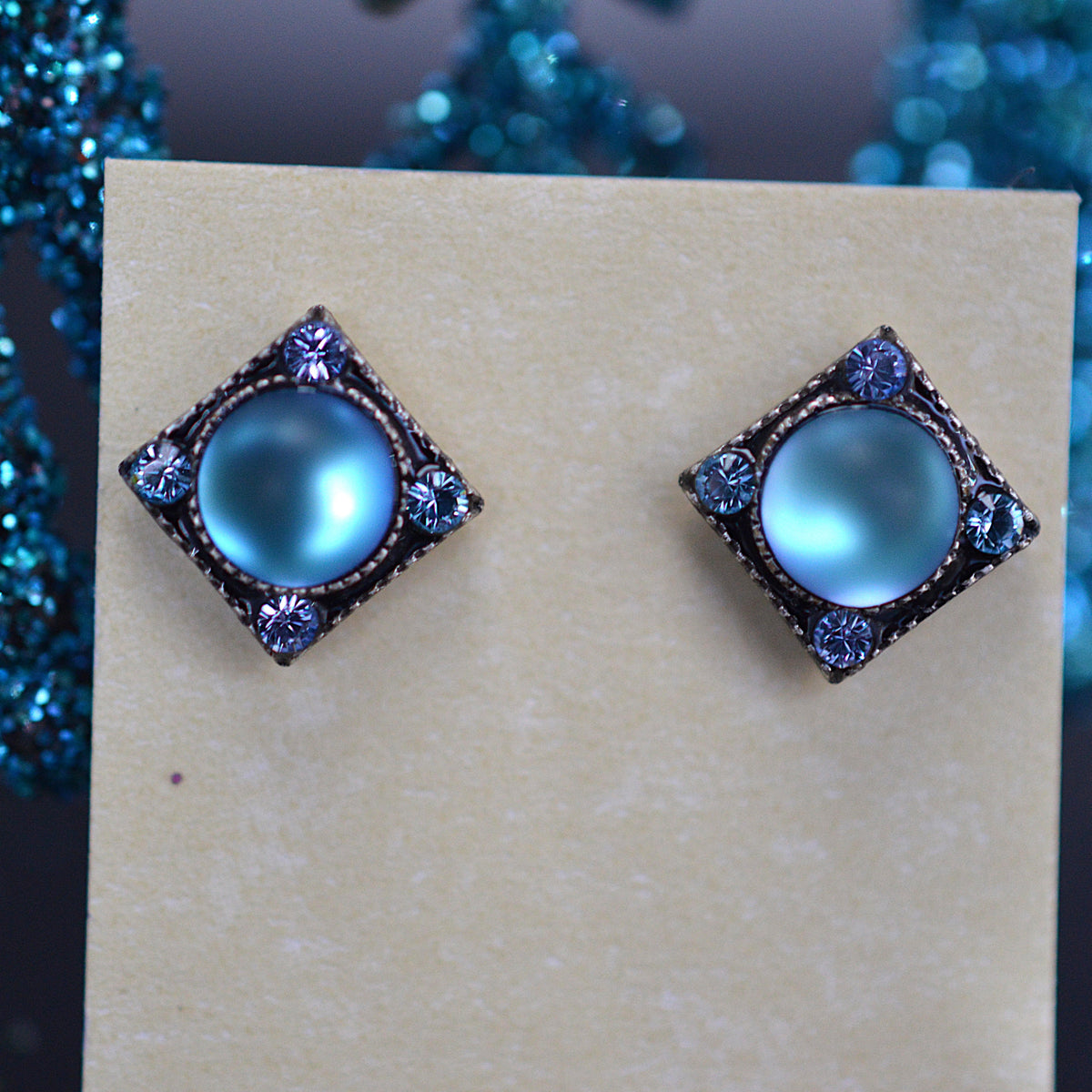 Antique Silver Plated Moonlight Rainbow Stud Earrings With Light Blue Crystals by Firefly