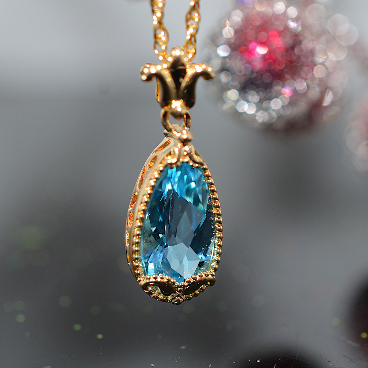 Gold Vermeil Chain & Pendant With Pear Cut Blue Topaz Gemstone