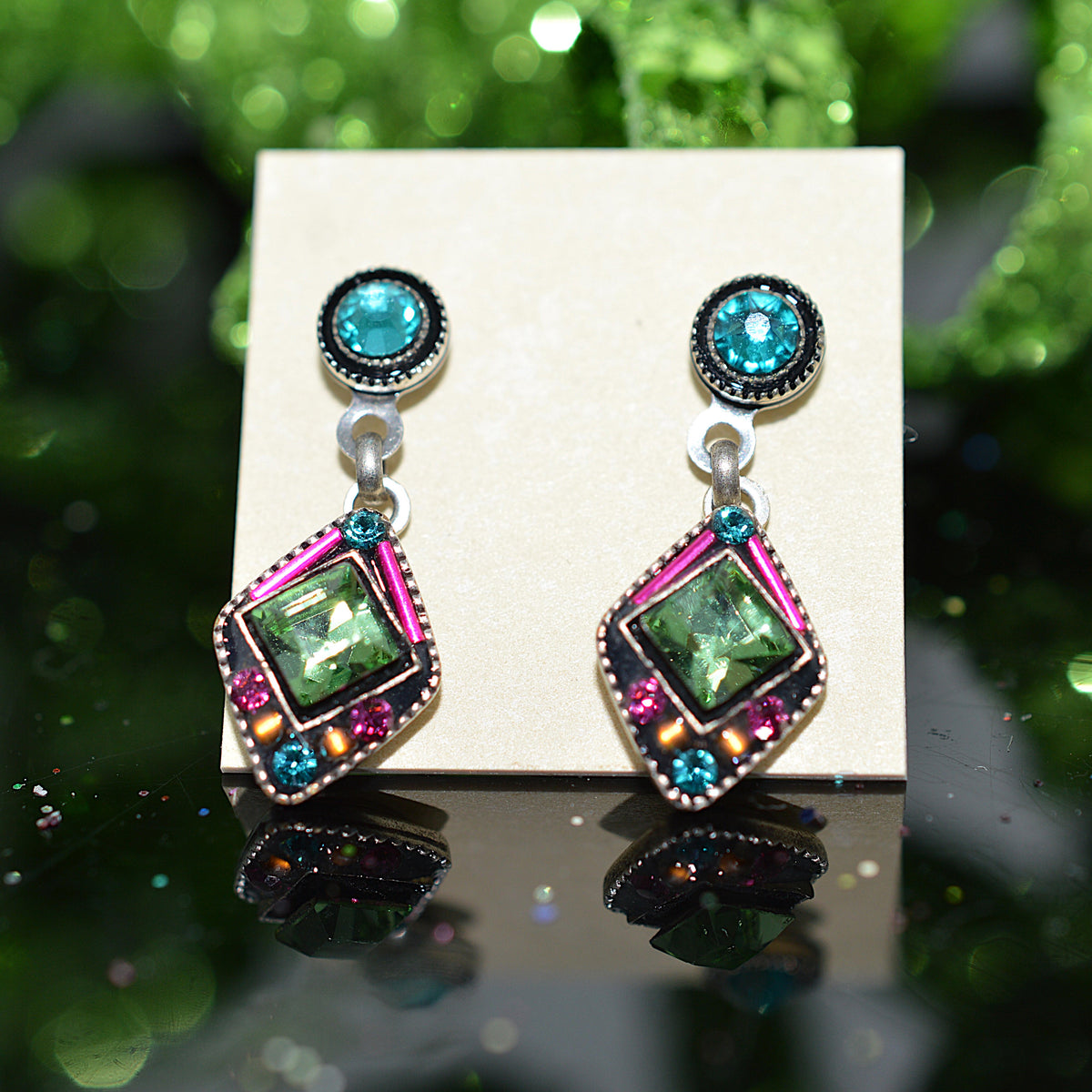 Antique Silver Plated Architectural Dangle Stud Earrings With Multi-Color Crystals by Firefly