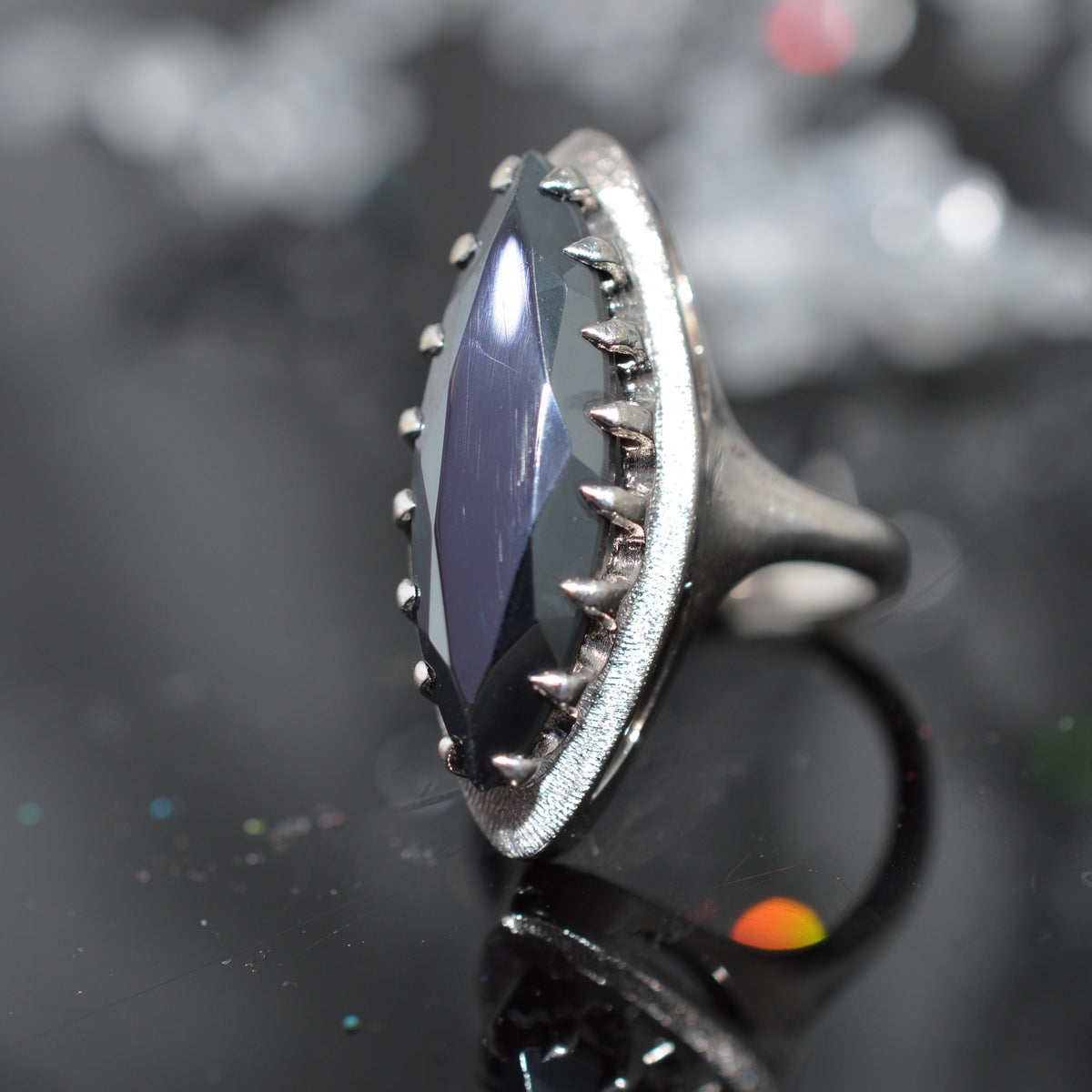 10K White Gold Marquise Cut Hematite Ring
