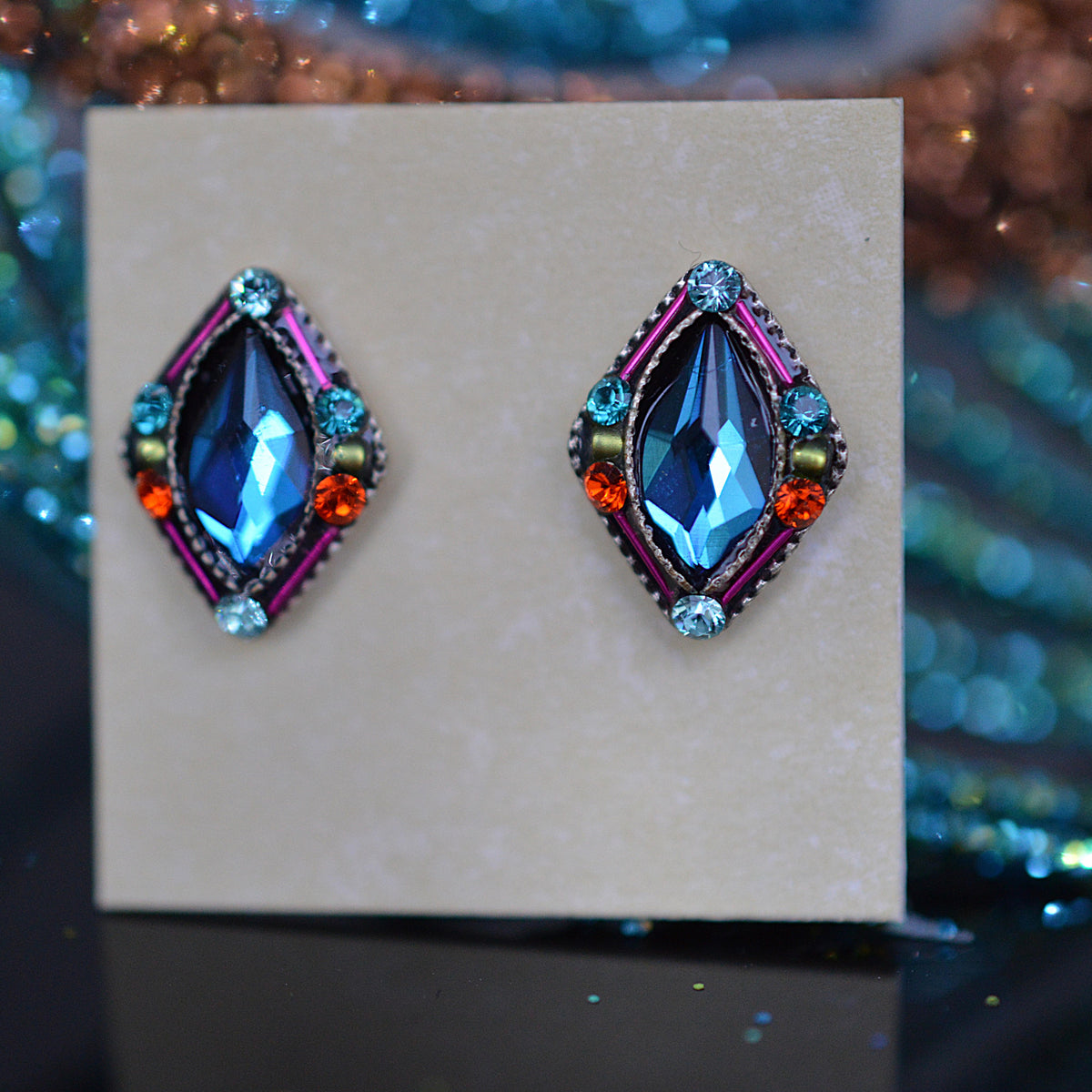 Antique Silver Plated Architectural Navette Stud Earrings With Multi-Color Crystals by Firefly