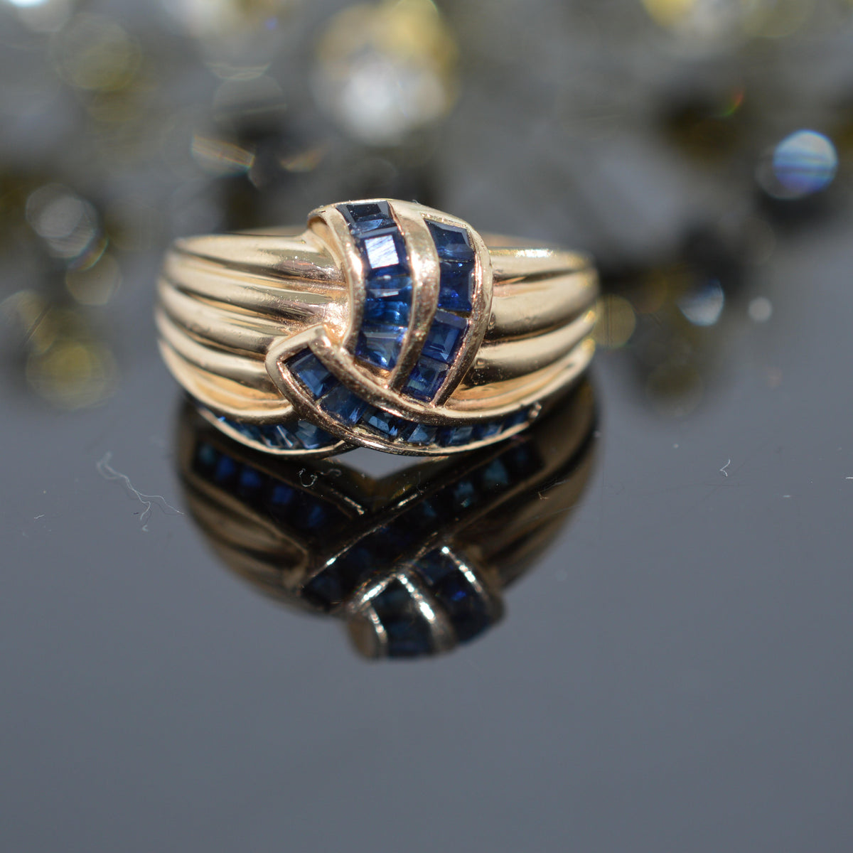 14K Yellow Gold Dome Ring With Channel Set Baguette Cut Sapphires