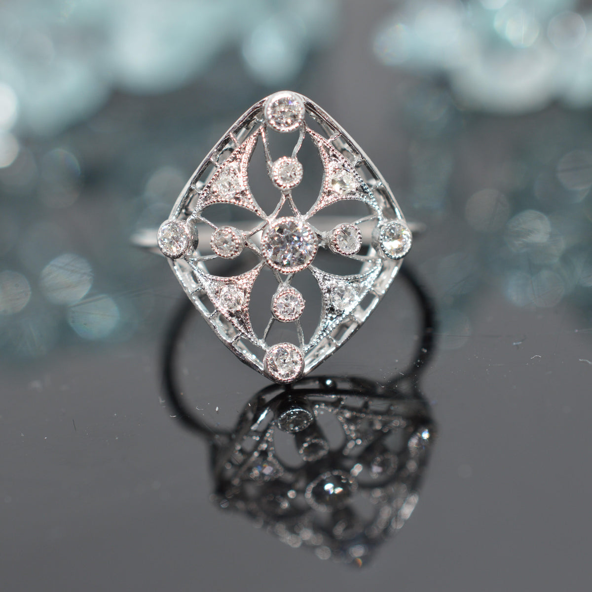 Delicate Platinum Antique Edwardian Ring With Old Mine & Old European Cut Diamonds