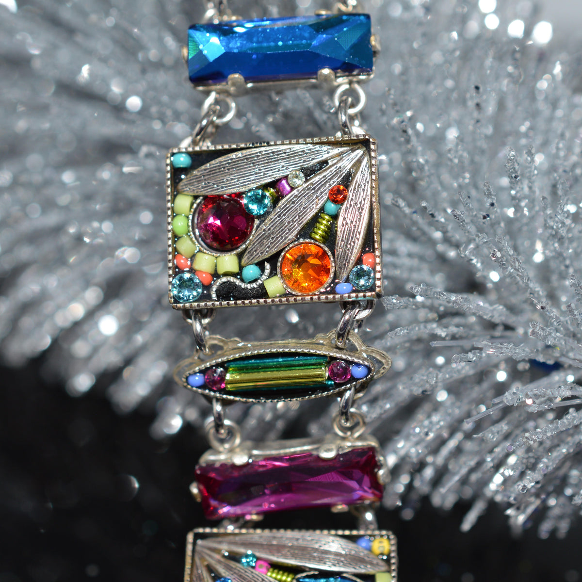 Antique Silver Plate Wide Botanical Bracelet With Multi-Color Crystals by Firefly