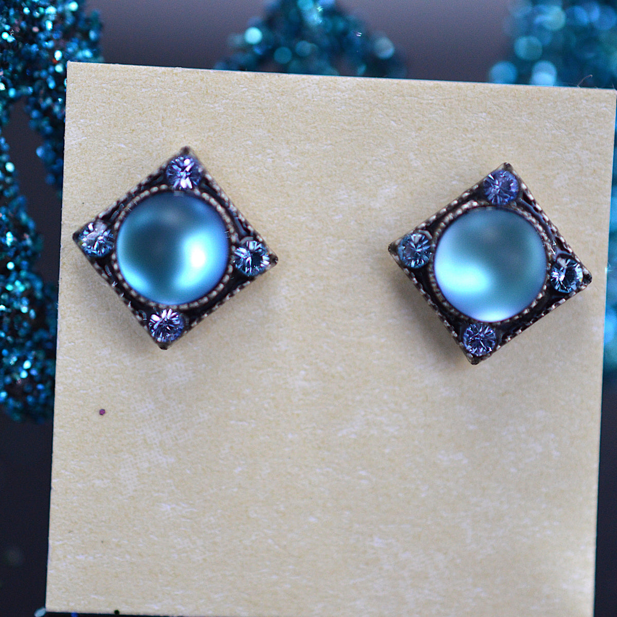 Antique Silver Plated Moonlight Rainbow Stud Earrings With Light Blue Crystals by Firefly