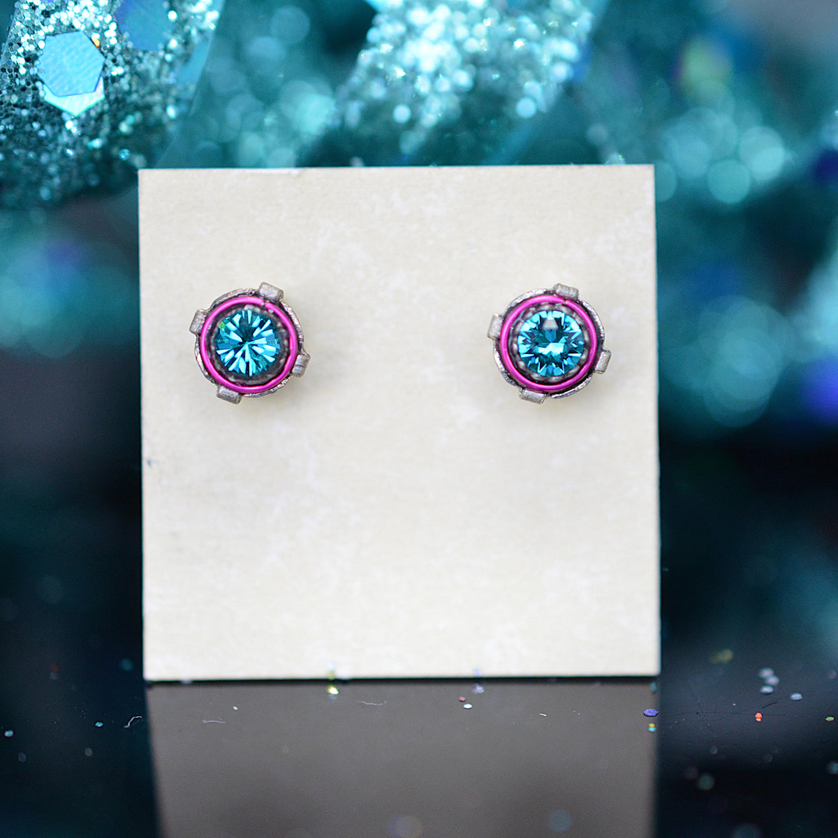 Antique Silver Plated Stud Earrings With Blue Zircon Colored Crystals by Firefly