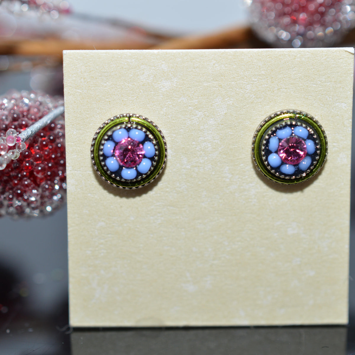 Antique Silver Plated Flower Stud With Periwinkle Crystal Earrings by Firefly