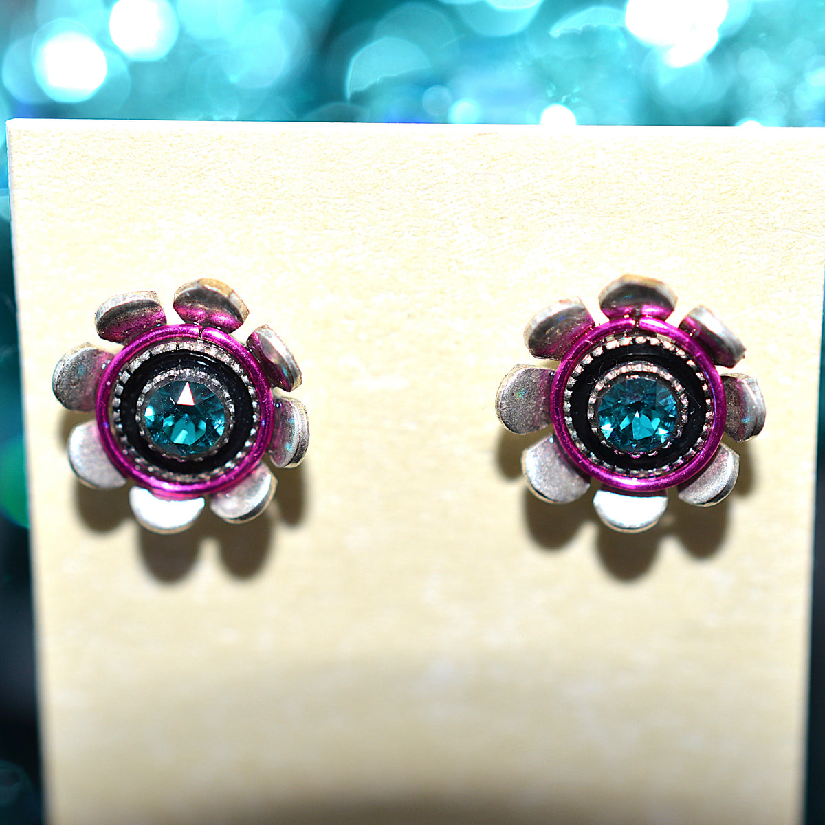 Antique Silver Plated Mini Flower Stud Earrings With Multi-Color Crystals by Firefly