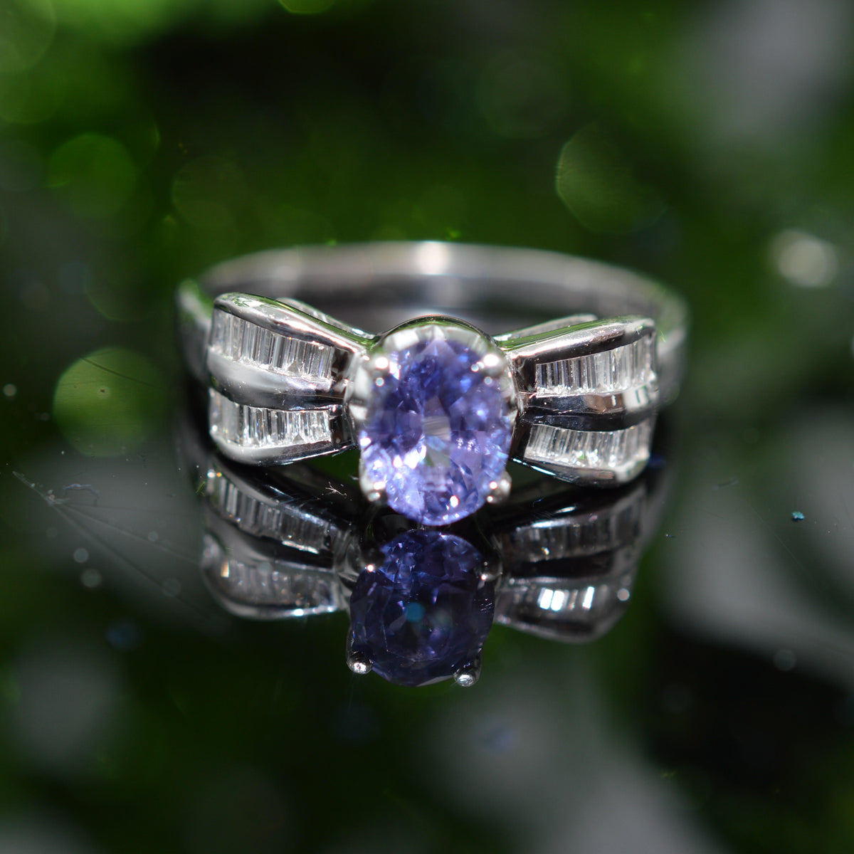 18K White Gold Oval Purple Sapphire & Diamond Baguette Ring