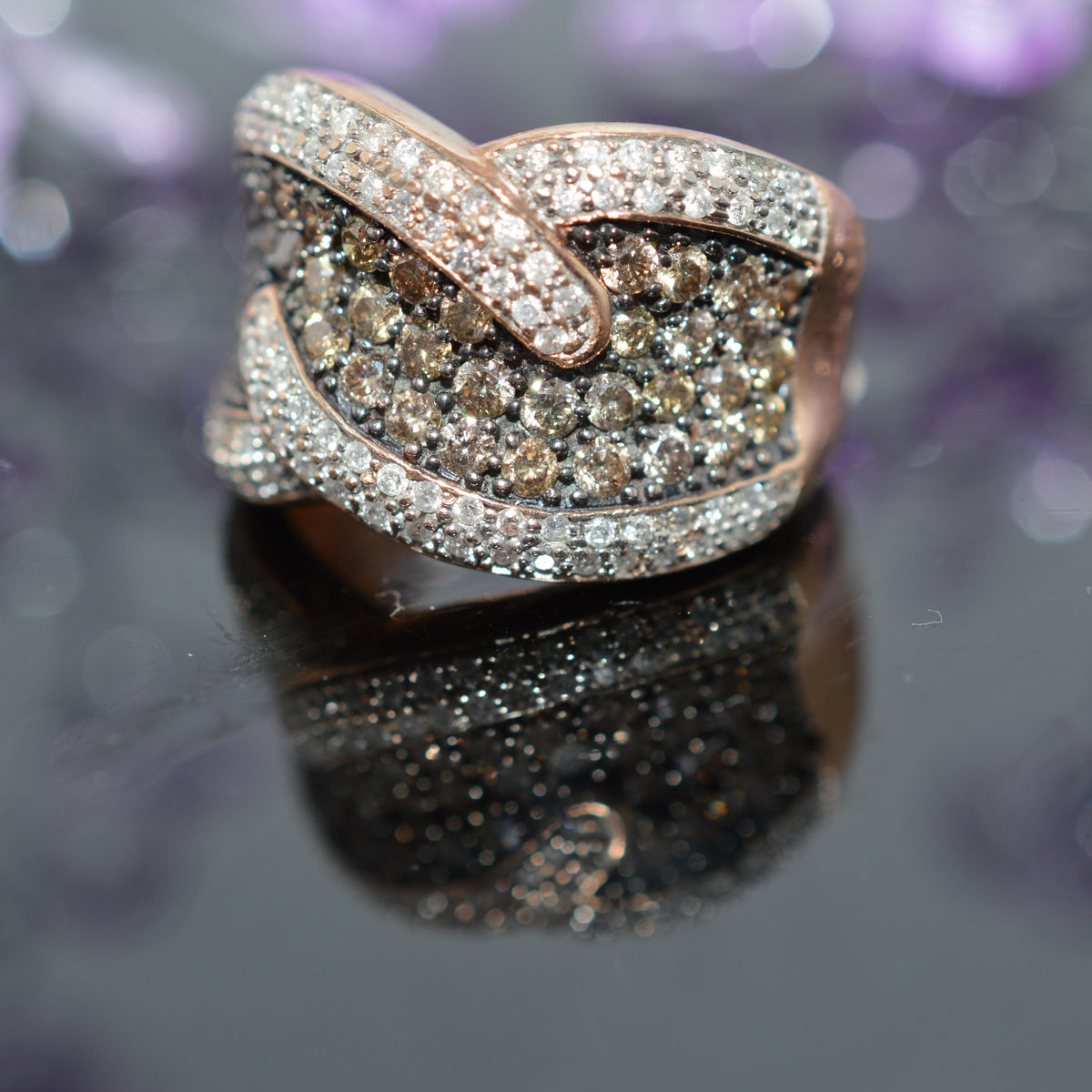 10K Rose Gold Beautiful Wide Band Ring With Brown & White Diamonds