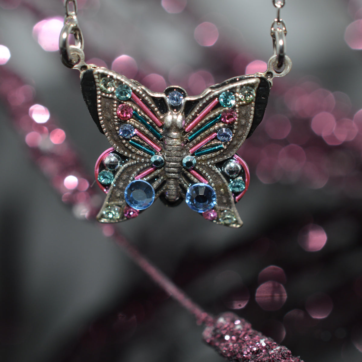 Antique Silver Plated Filigree Crystal Butterfly Pendant by Firefly