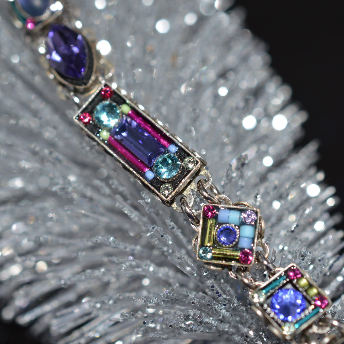 Antique Silver Plate Architectural Bracelet With Tanzanite Color Crystals by Firefly