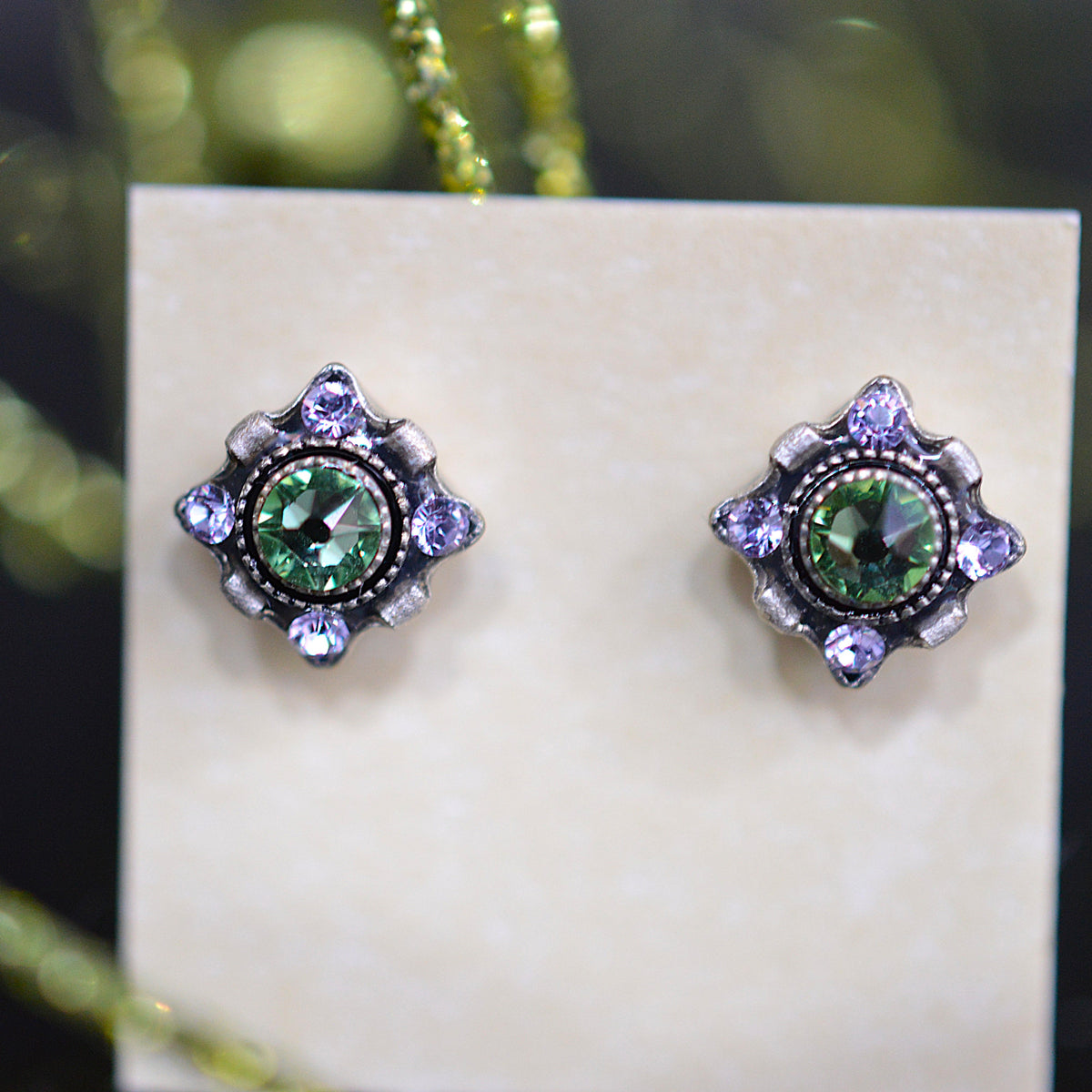 Antique Silver Plated Dulce Petite Stud Earrings With Chrisolite Color Crystals by Firefly