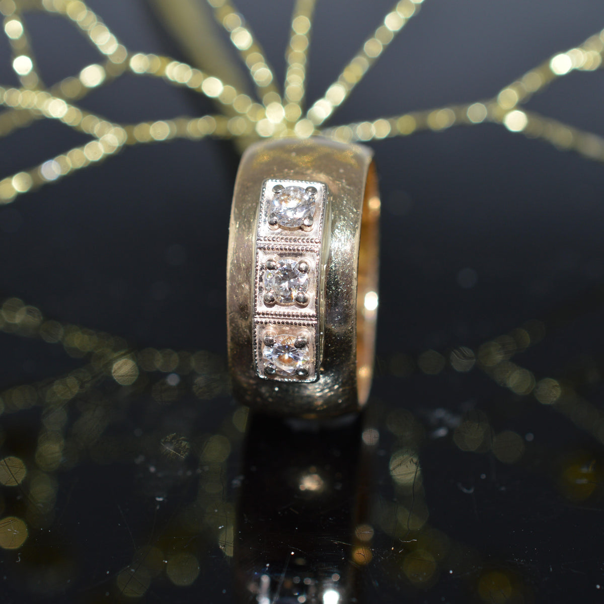 14K Yellow Gold Wide Band Ring With 3 Round Diamonds
