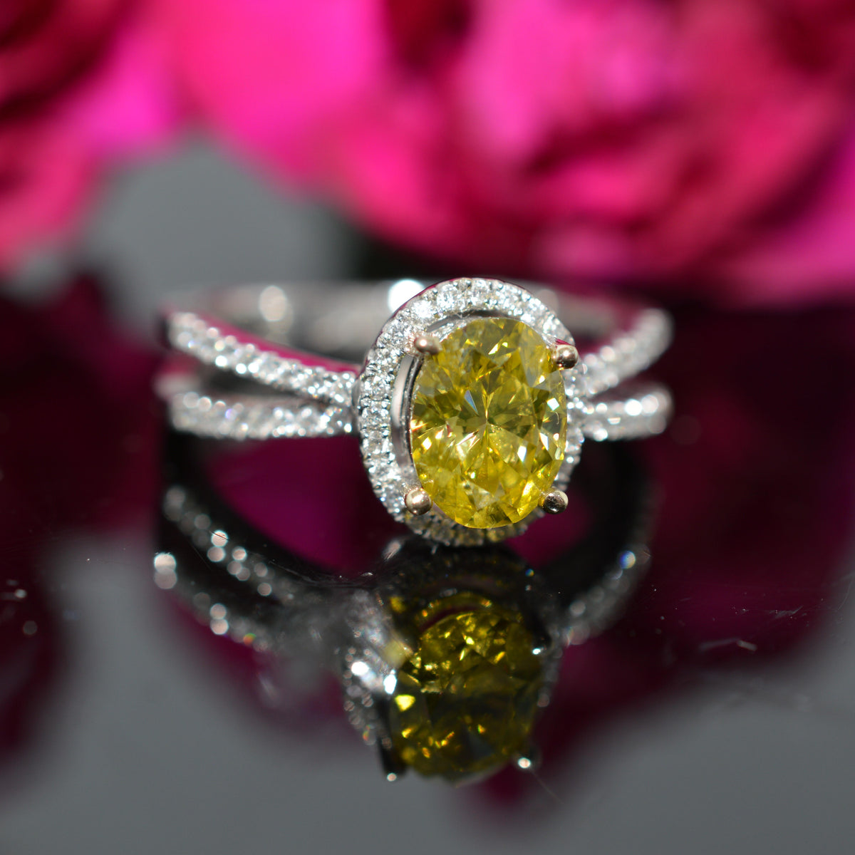 18K White Gold Split Shank Diamond Ring With Oval Yellow Diamond