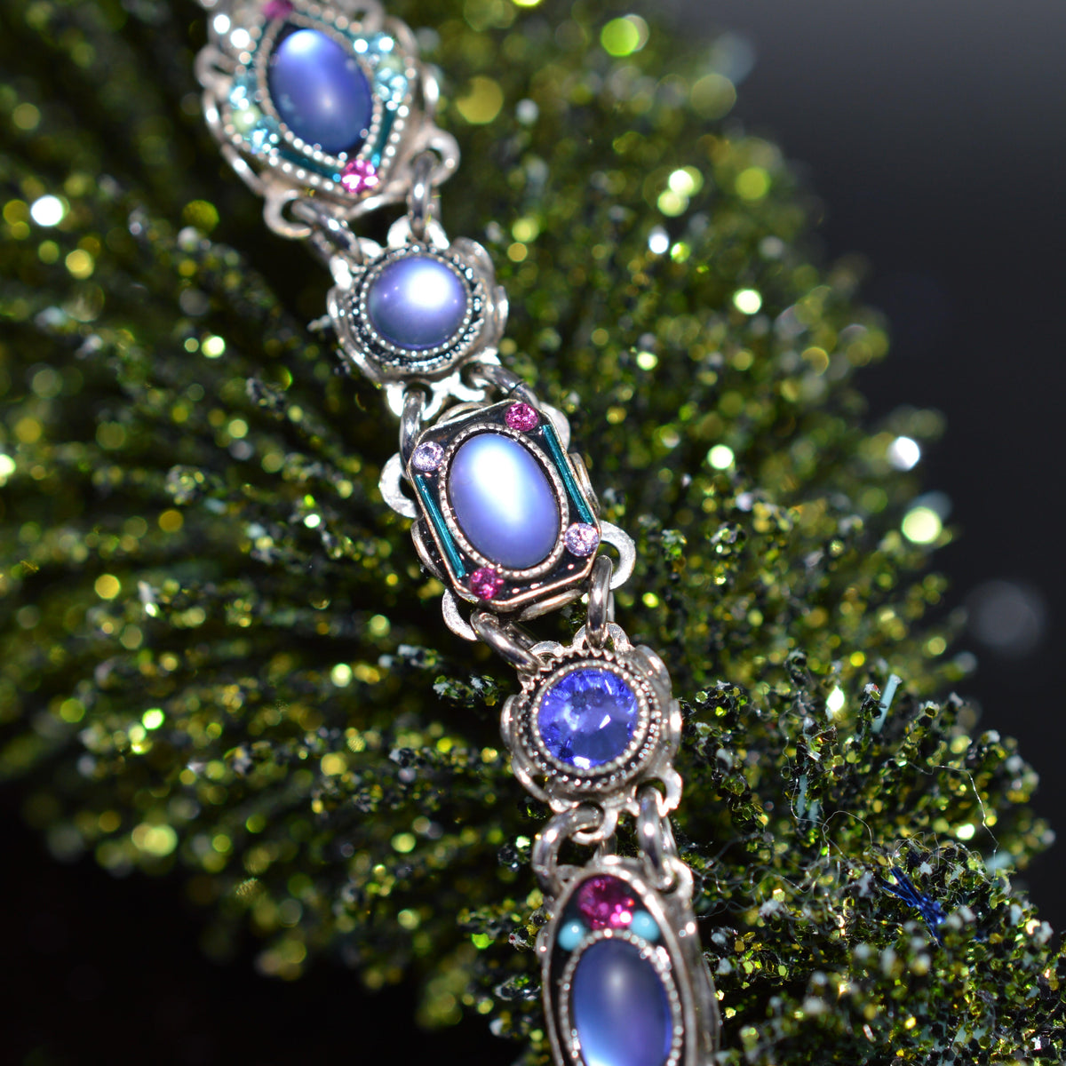 Antique Silver Plate Moonlight Bracelet With Tanzanite Color Crystals by Firefly