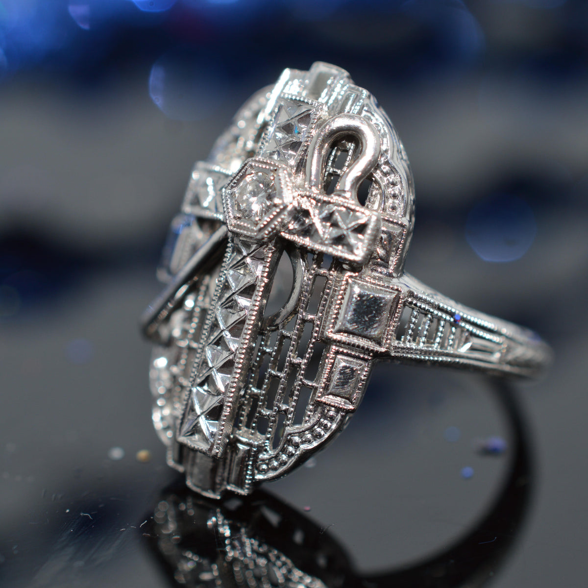 14K White Gold Filigree Ring With Cross, Shepherd's Crook, & Diamond