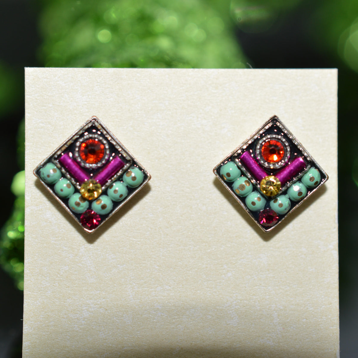 Antique Silver Plated Square Chevron Multi-Color Crystal Earrings by Firefly