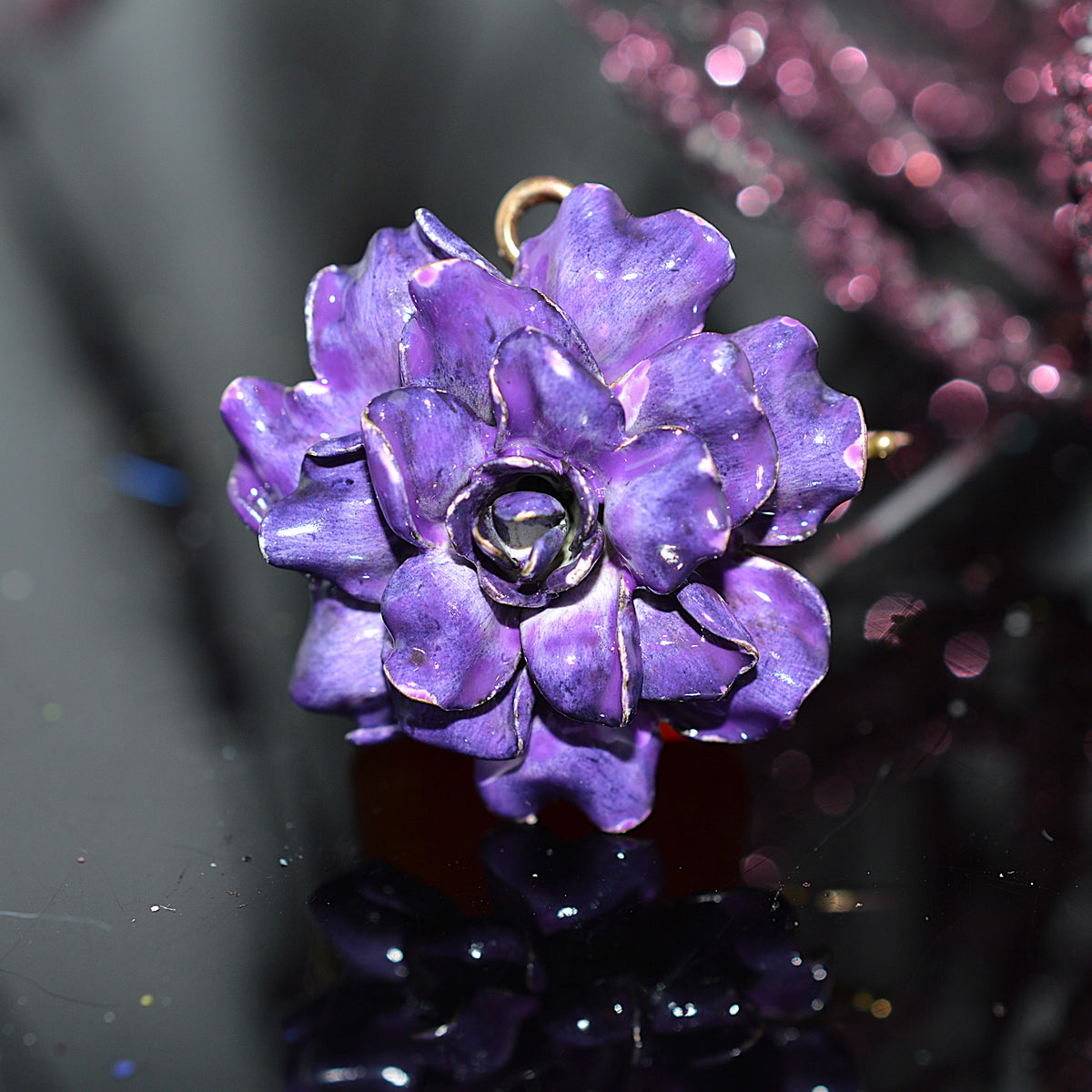 14K Yellow Gold Purple Enamel Flower Pin & Pendant
