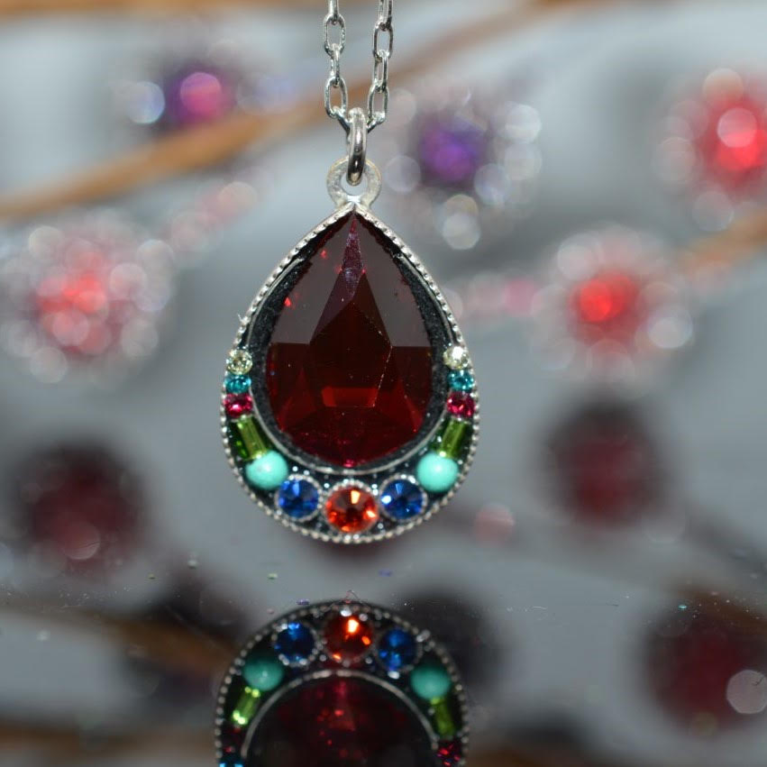 Antique Silver Plated Elizabeth Drop Multi-Color Crystal Pendant by Firefly