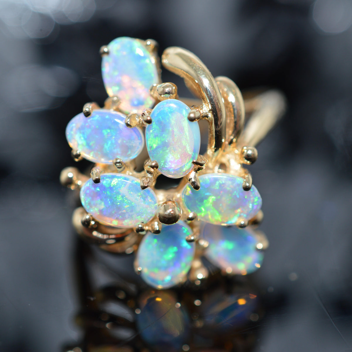 14K Yellow Gold 7 Oval Opal Cluster Ring