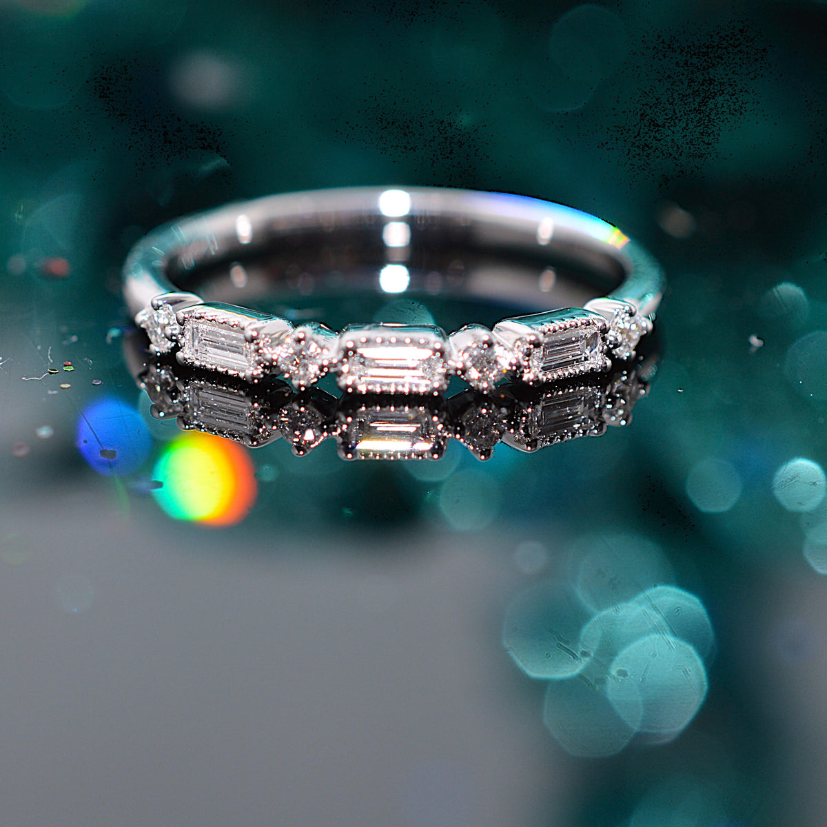 14K White Gold Anniversary Ring With Alternating Round & Baguette Cut Diamonds