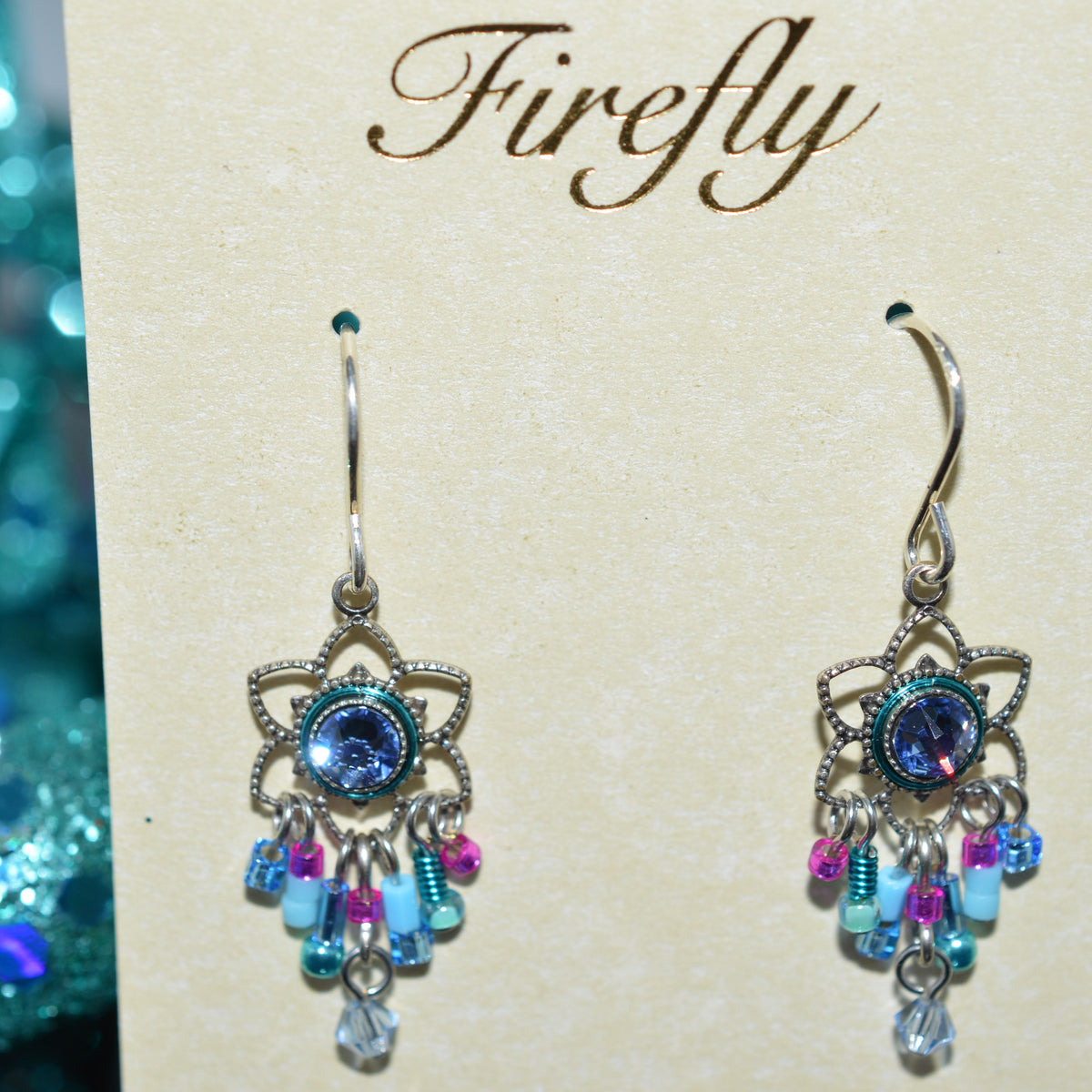 Antique Silver Plated Blue Crystal Chandelier Earrings by Firefly