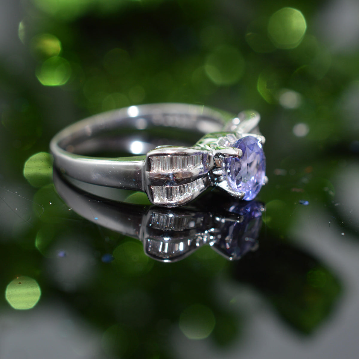 18K White Gold Oval Purple Sapphire & Diamond Baguette Ring