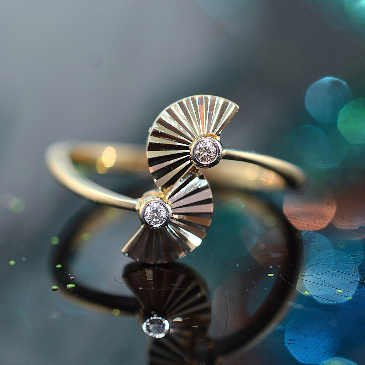 14K Yellow Gold Art Deco Inspired Fan Shape Diamond Ring