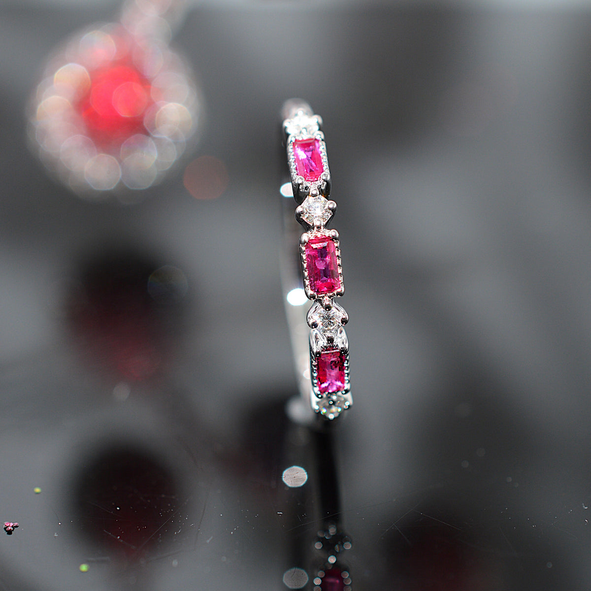 14K White Gold Baguette Genuine Ruby & Diamond Anniversary Ring
