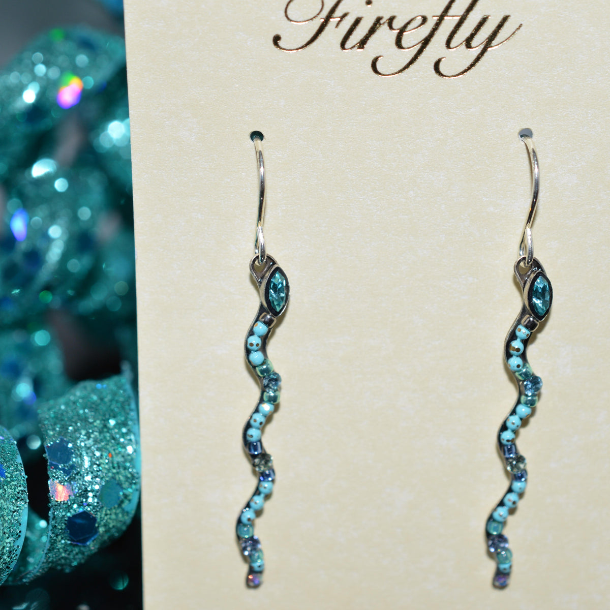 Antique Silver Plated Light Blue Crystal Snake Earrings by Firefly