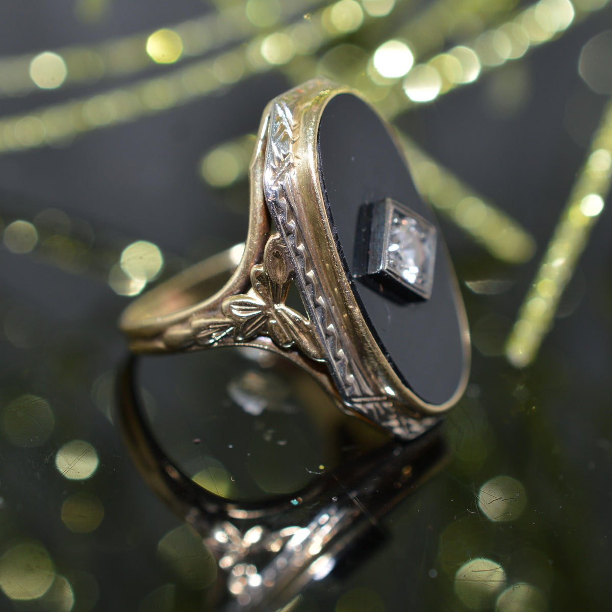 10K Two Tone Gold Elongated Oval Black Onyx & Diamond Ring