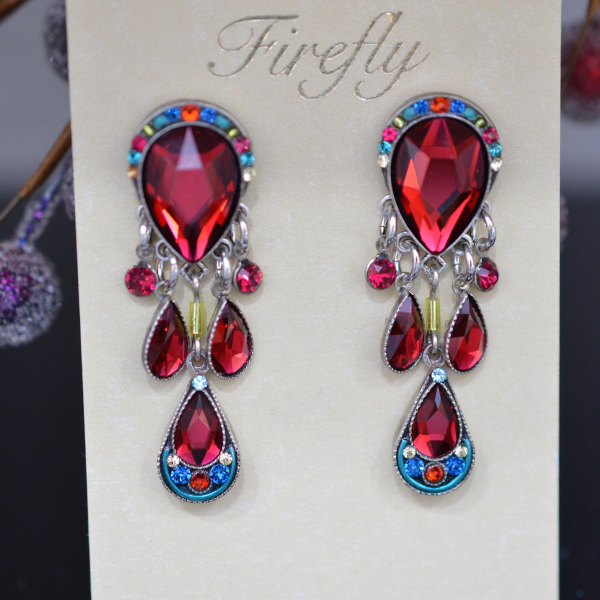 Antique Silver Plate Elizabeth Chandelier Earrings With Multi-Color Crystals By Firefly