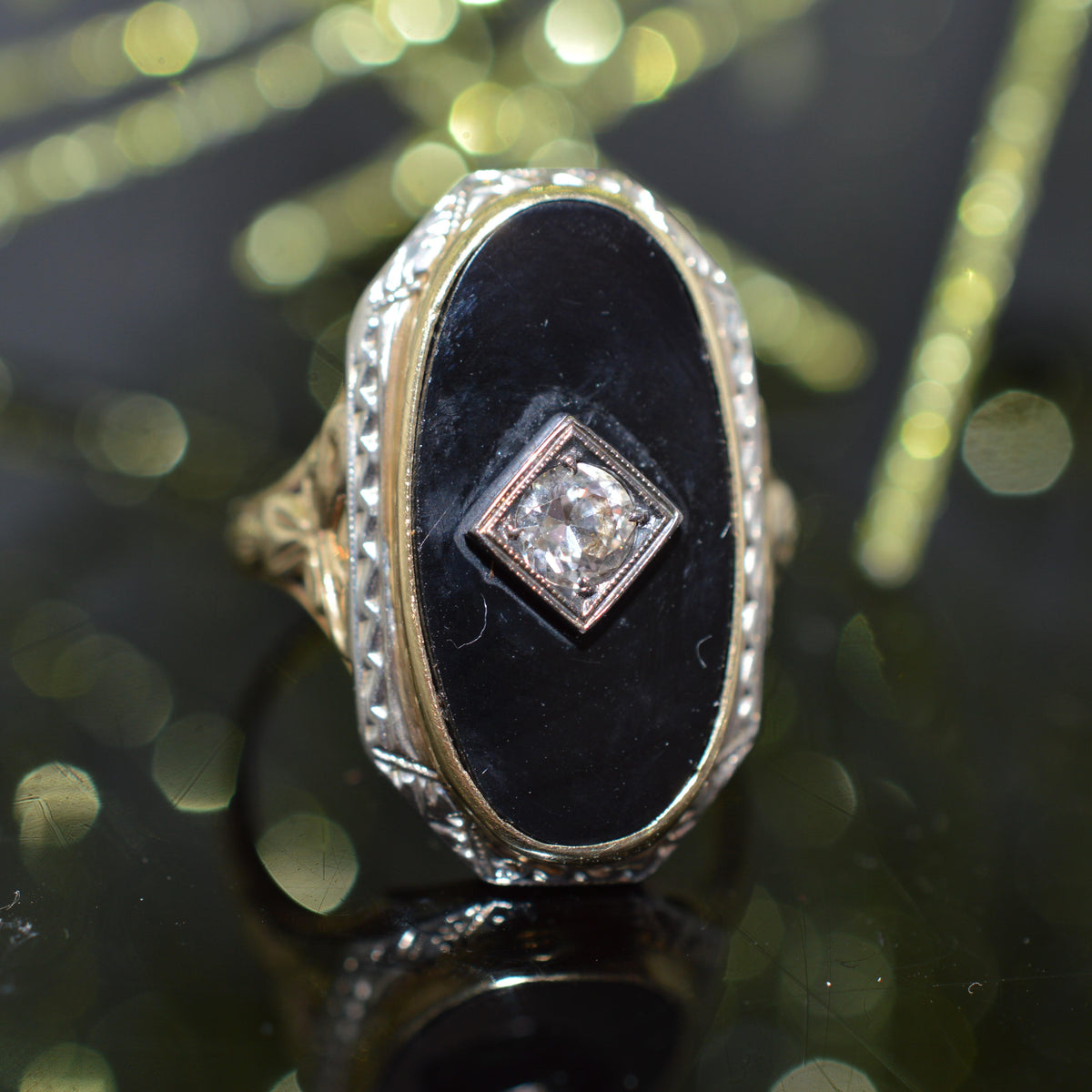 10K Two Tone Gold Elongated Oval Black Onyx & Diamond Ring