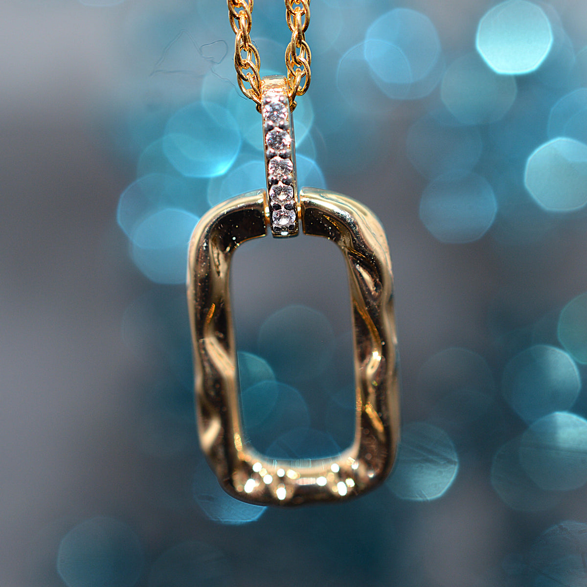 Gold Vermeil Chain & Hammered Pendant With White Sapphire Gemstones