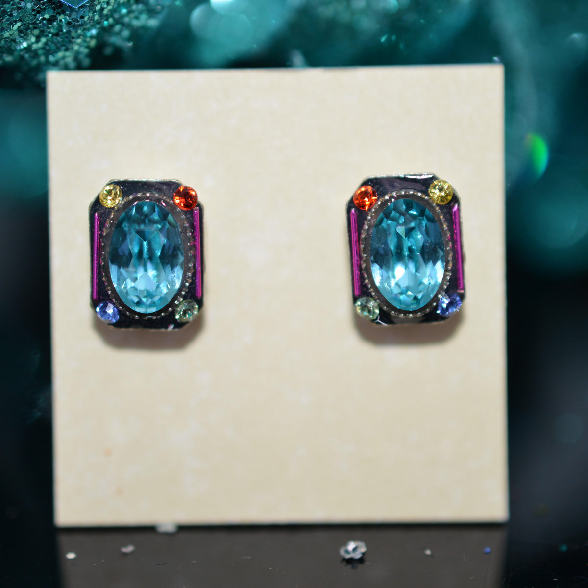 Antique Silver Plated Rectangular Stud Earrings With Oval Multi-Color Crystals by Firefly