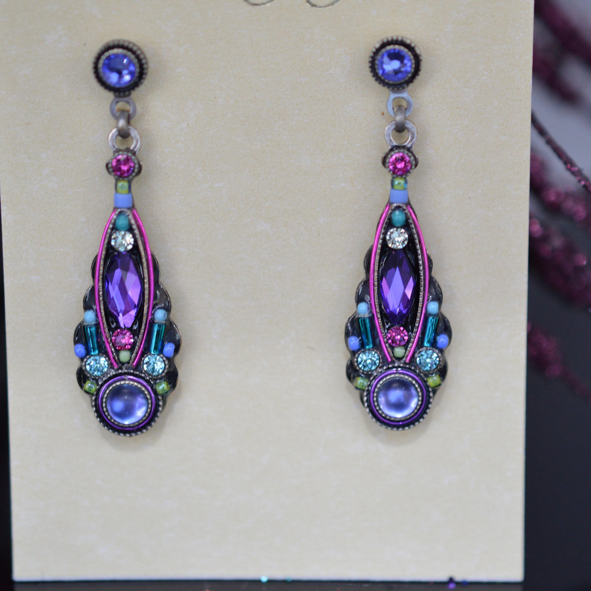 Antique Silver Plate Slim Navette Drop Earrings With Tanzanite Color Crystals By Firefly