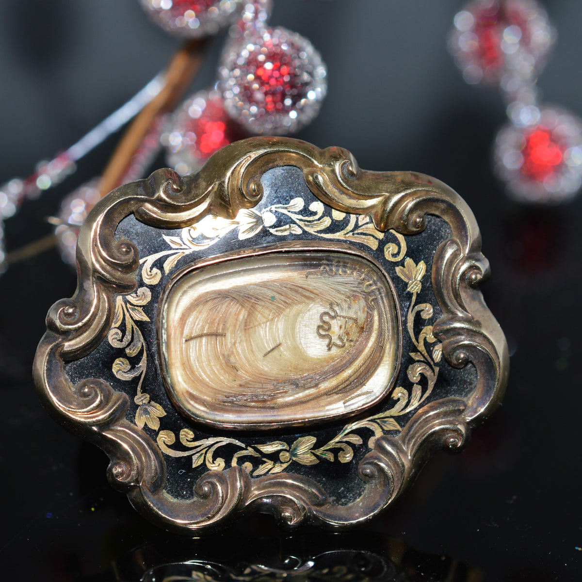 14K Yellow Gold Antebellum Memorial Brooch With Locks Of Hair & Engraving